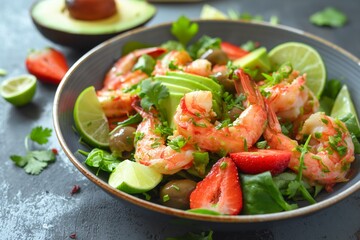Fresh summer salad with shrimps closeup, fresh vegetables with shrimps, fresh and healthy foods, shrimps and vegetables closeup, shrimps salad closeup, healthy food closeup, organic food, fresh food
