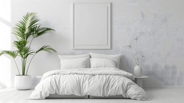 interior image of a minimalist bedroom, light in color and with a plant on one side