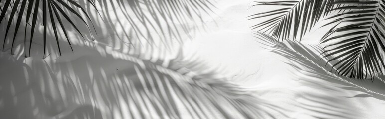 Obraz premium Beautiful abstract background concept banner summer vacation at the beach. Top view of tropical leaf shadows. The shadows of palm leaves on the white sand.