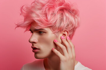 A close-up portrait of a teenager with colorful hair.