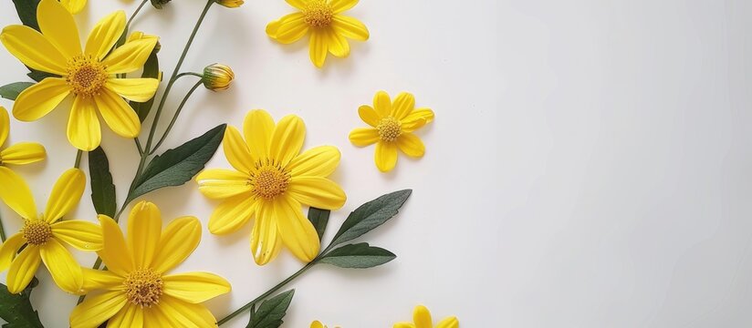 Yellow flowers arranged in a wreath on a white surface, representing spring, summer, and Easter themes. Image captured from a top view with copy space.