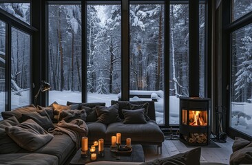 Cozy living room with a large sofa, and black wood stove with a fire burning inside