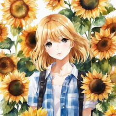 Cute girl in Yellow sunflowers on isolated white background, watercolor botanical illustration, hand drawing, summer flower.