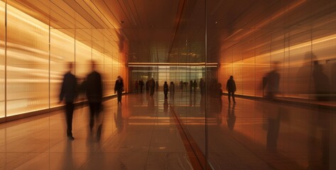 Bustling Corporate Hallway: Blurred Motion - Urban Rush - Dynamic Scene of Commuters Engaged in Fast-paced Corporate Hustle, Capturing the Essence of Modern Urban Life