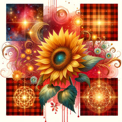 Summer yellow sunflower bouquet on plaid background, fantasy botanical illustration, flower bouquet. Generative AI