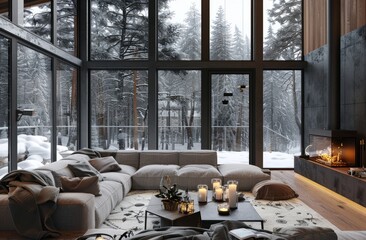 Cozy living room with a large sofa, modern interior design in grey tones, black wood and glass walls, floor-to-ceiling windows overlooking a snowy forest
