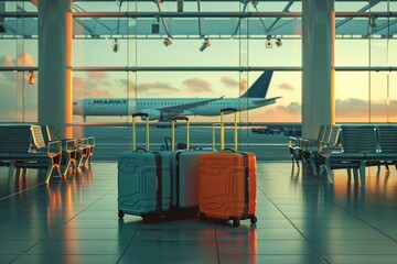 Luggage in the airport terminal at sunset, 3d rendering, Ai Generated