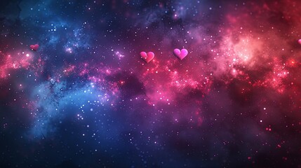 Digital artwork of romantic pink and red heart-shaped bokeh lights on a dreamy blue background. - obrazy, fototapety, plakaty