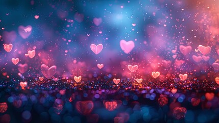 Digital artwork of romantic pink and red heart-shaped bokeh lights on a dreamy blue background.