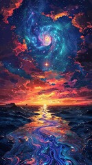 A surreal painting depicting a pathway leading to a sun on the horizon under a star-filled cosmic sky.