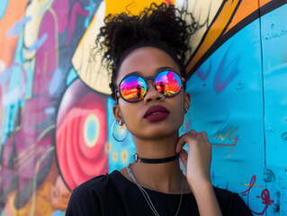 A young woman in sunglasses looks into the frame against a bright wall.