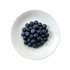 Blueberries in a white plate on a transparent background. Top view.