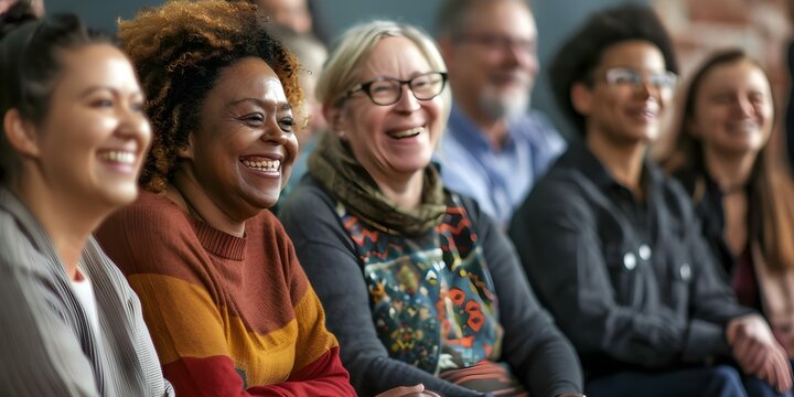 Diverse group of adult learners meeting smiling and engaging in discussions to expand knowledge together. Concept Adult Education, Diverse Group, Engaging Discussions, Knowledge Expansion