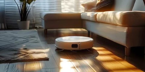 Fotobehang The Impact of AI Technology on Household Chores and Employment: A Robotic Vacuum Cleaner Tidies Up a Living Room. Concept AI Technology, Household Chores, Robotic Vacuum Cleaner, Employment © Anastasiia