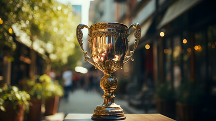 holding up a trophy on front of a building - obrazy, fototapety, plakaty