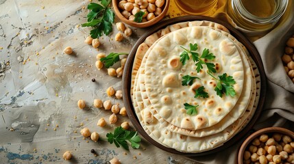generic groceries messed over pastel background, including pita bread and chickpeas