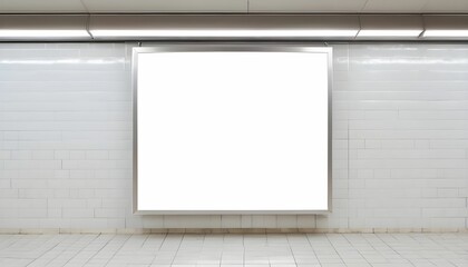 Blank white digital billboard silver frame light box in empty subway train station, open poster advertisement on tile wall background for mockup, design, display, marketing created with generative ai