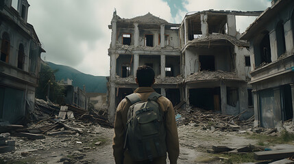 man looking in ruins of destroyed building