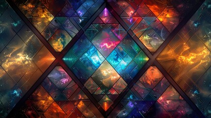Abstract stained glass window radiating with vibrant colors and dynamic light reflections.