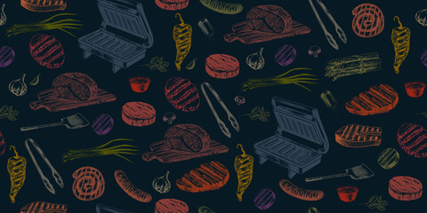 Naklejka premium Seamless pattern with grilled meat and bbq equipment. Background with bbq food and tool. Electric barbecue press grill. Hand drawn grilled steak, sausage, roast beef, vegetables. Kitchen utensils