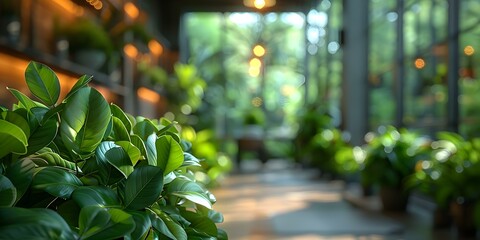 Green plants in an office space creating a sustainable and naturefriendly corporate environment for employee wel. Concept Green Office Spaces, Sustainable Workspaces, Nature-Friendly Offices - obrazy, fototapety, plakaty