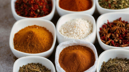 Group of White Bowls Filled With Different Types of Spices. Gene