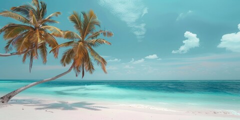 Palm tree on tropical beach with blue sky and white clouds. Summer vacation concept.