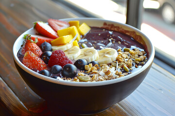 A bowl of fruit with blueberries, bananas, and raspberries.