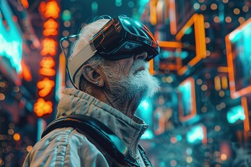 Old man wearing virtual reality goggles at night. Future technology concept, Ai Generated