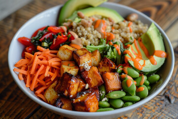 A colorful bowl of vegetables including carrots, tomatoes, peppers, and onions. The bowl is on a wooden table