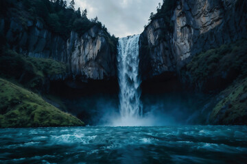 Fototapeta na wymiar Waterfall Surrounded by Body of Water. Generative AI