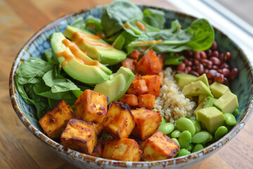 A bowl of food with a variety of ingredients including avocado, tofu, and vegetables. The bowl is on a wooden table