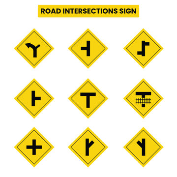 Road Intersections Sign, Traffic sign yellow black direction set
