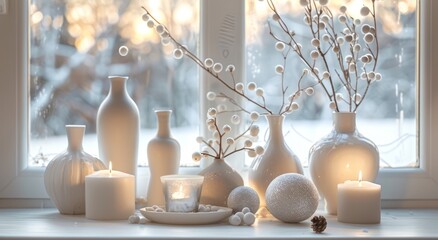 Cozy winter composition with white vases, candles and decorative elements on the table in front of a window with a snow landscape outside
