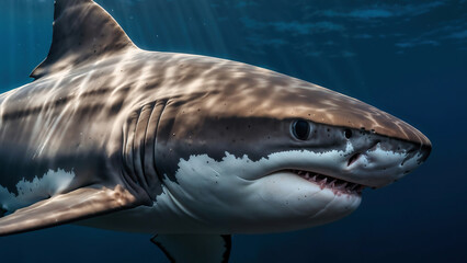 Naklejka premium Great White Shark Swimming in the Ocean. Generative AI