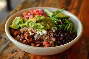 A bowl of food with beans, rice, and avocado. The bowl is on a wooden table