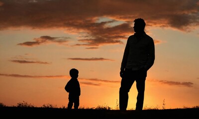 Generative Ai Father And Son Black Shot From Behind On The Sunset