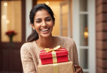 A smiling woman holding a gift box with a bow, possibly delivering a present or attending a celebration. - obrazy, fototapety, plakaty