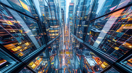 Urban Jungle: Glass Skyscrapers Reflecting City Life - obrazy, fototapety, plakaty
