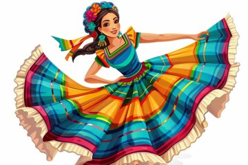 A vibrant Mexican girl dancing at a carnival in a colorful traditional dress, showcasing the spirit of her culture.