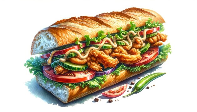 An artistic watercolor painting of a Louisiana Po' boy sandwich, capturing the vibrant and fresh ingredients in a crusty baguette, portraying the essence of Louisiana's street food culture.
