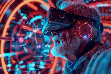 Portrait of senior man wearing virtual reality goggles in futuristic space, Ai Generated