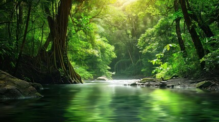 Forest with river nature landscape view. AI generated image