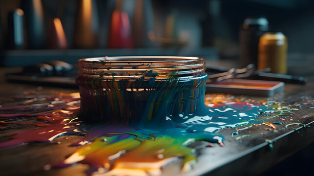 pour rainbow paint on the table