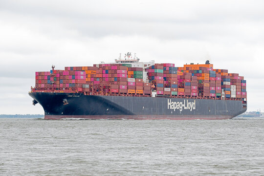 Hapag-Lloyd container ship Umm Salal sails out of Charleston Harbor, SC, USA on March 28, 2024.