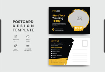 Modern professional gym fitness postcard design template, Training workout gym center postcard template design.