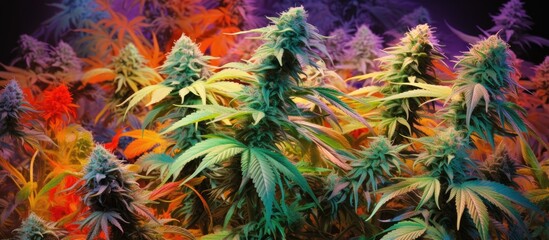 A cluster of marijuana plants prominently displayed against a vibrant multicolored backdrop, showcasing their lush green leaves and distinctive shape. The contrast between the plants and the
