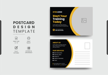 Modern professional gym fitness postcard design template, Training workout gym center postcard template design.