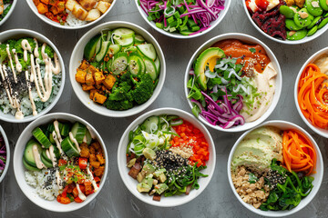 A row of bowls filled with various types of food, including salads and vegetables. The bowls are arranged in a way that creates a sense of abundance and variety