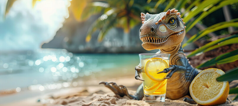 Dinozaur drinks lemonade on the tropical beach